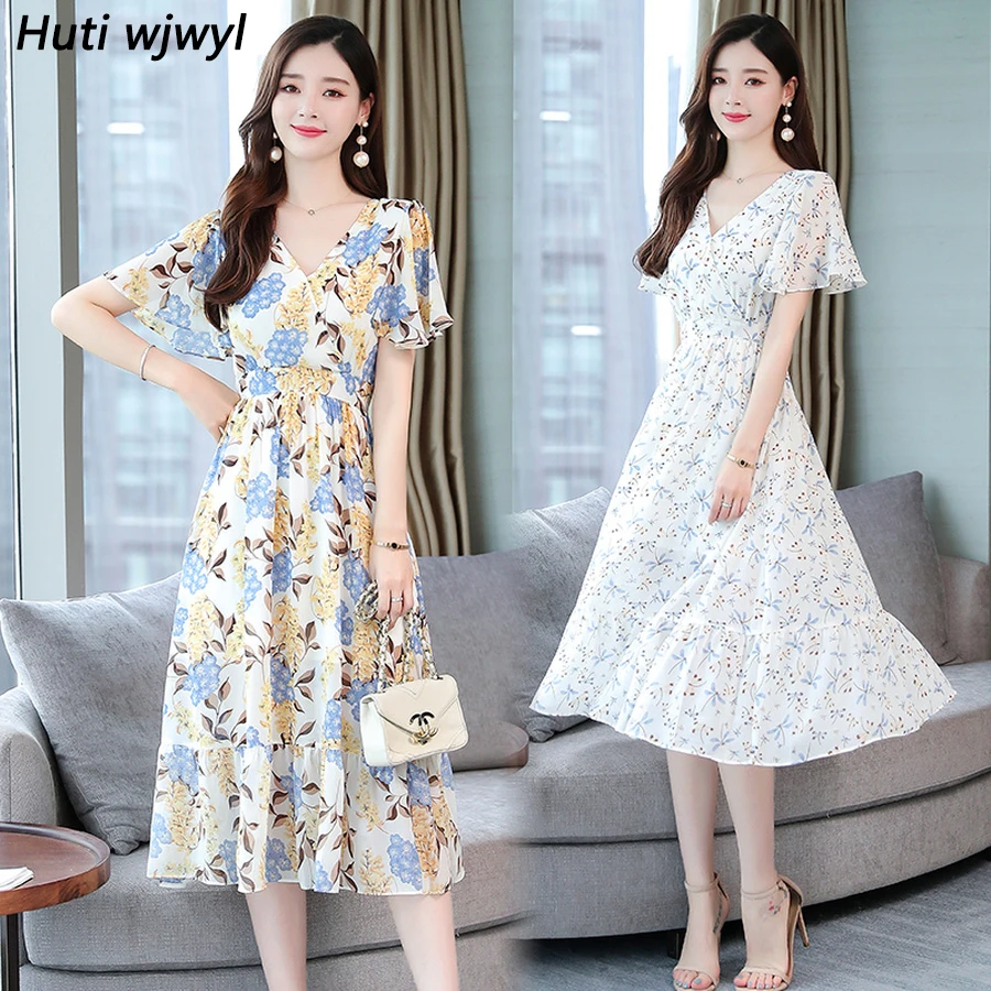 

2019 Floral Chiffon Beach Vacation Midi Dresses Summer Vintage 4XL Plus Size Boho Sundress Elegant Women Bodycon Party Vestidos