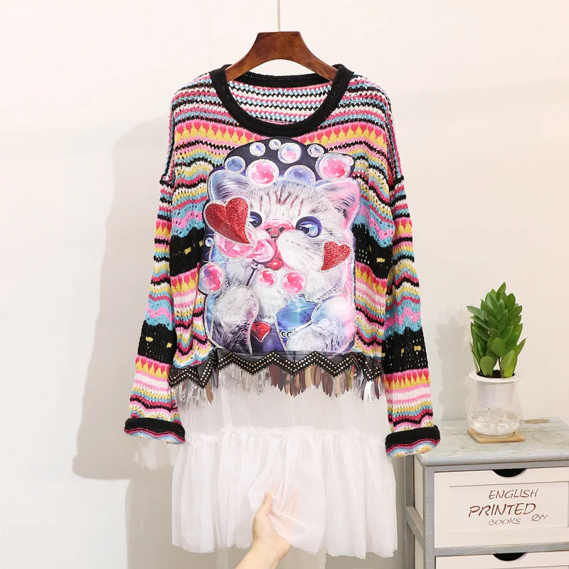 Autumn Sweater Dress Women New Cartoon Sequins Rainbow