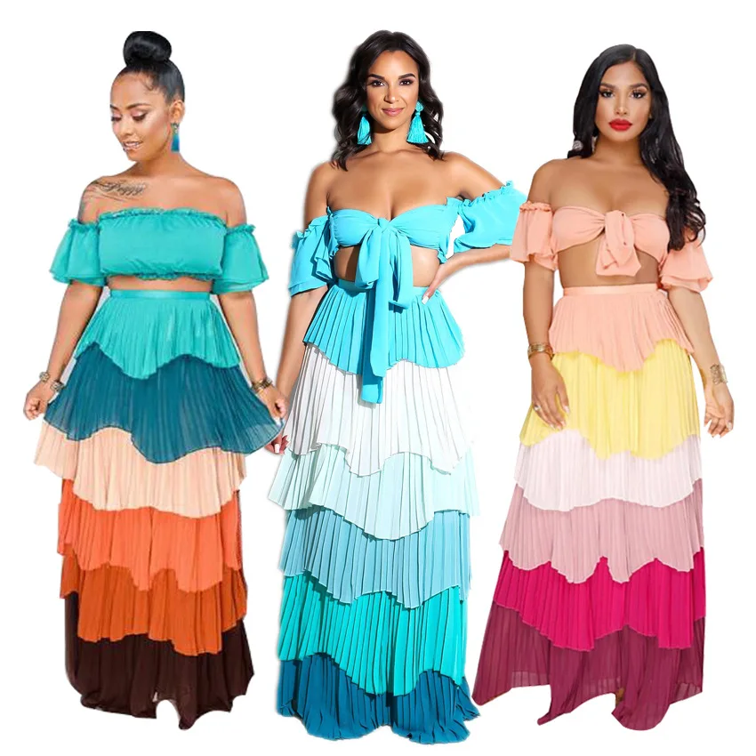 

Summer Women's Chiffon Dress Two-piece Sets Sexy Wrap Chest Ruffles Backless Lace Up Multicolor Top+long Skirt Vacation Dresses