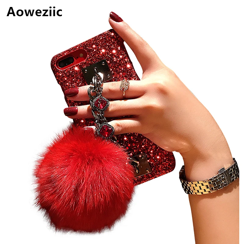 

Aoweziic New tide brand mobile phone shell For iphone 8 fur ball luxury X XS MAX XR 7 6S 7plus Europe and America flash shell