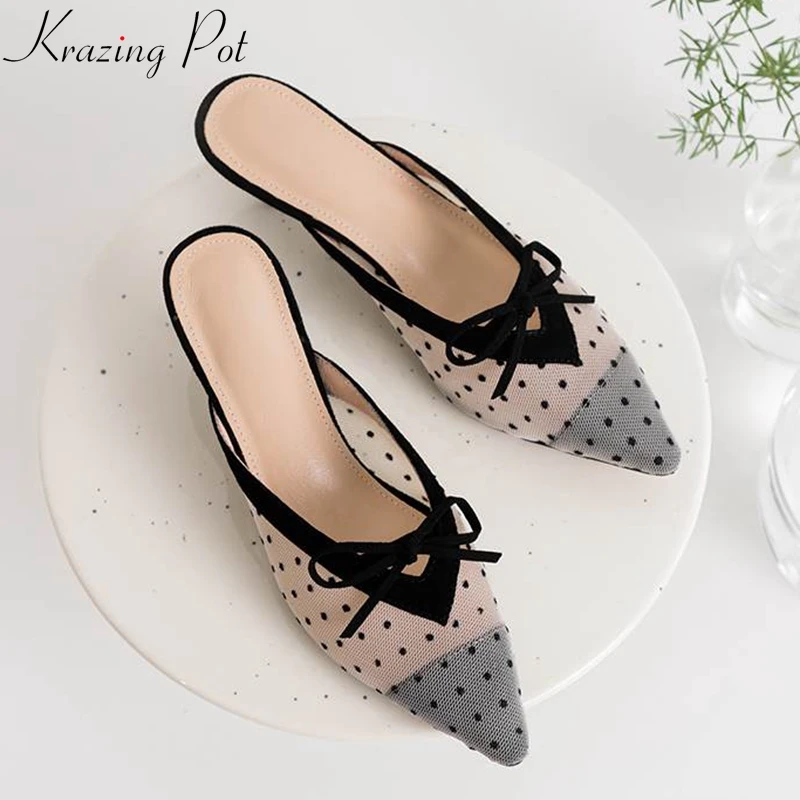 

Krazing pot dot patterns natural leather shallow mules pointed toe med heel high fashion party butterfly-knot design sandals L99