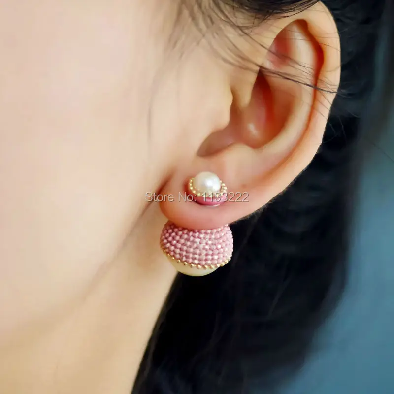 

Fashion Jewelry Women Lady's Handmade All Bead Simulated Pearl Double Face Double Side WEAR Ball Stud Ear Earings