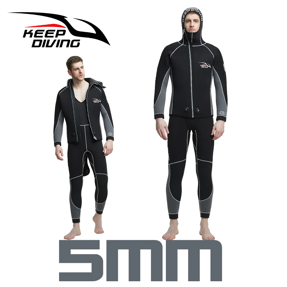 

KEEP DIVING New Arrival 5MM Mens Wetsuit Two-pieces with Jacket Hood Neoprene Diving Suit Winter Warm Suit