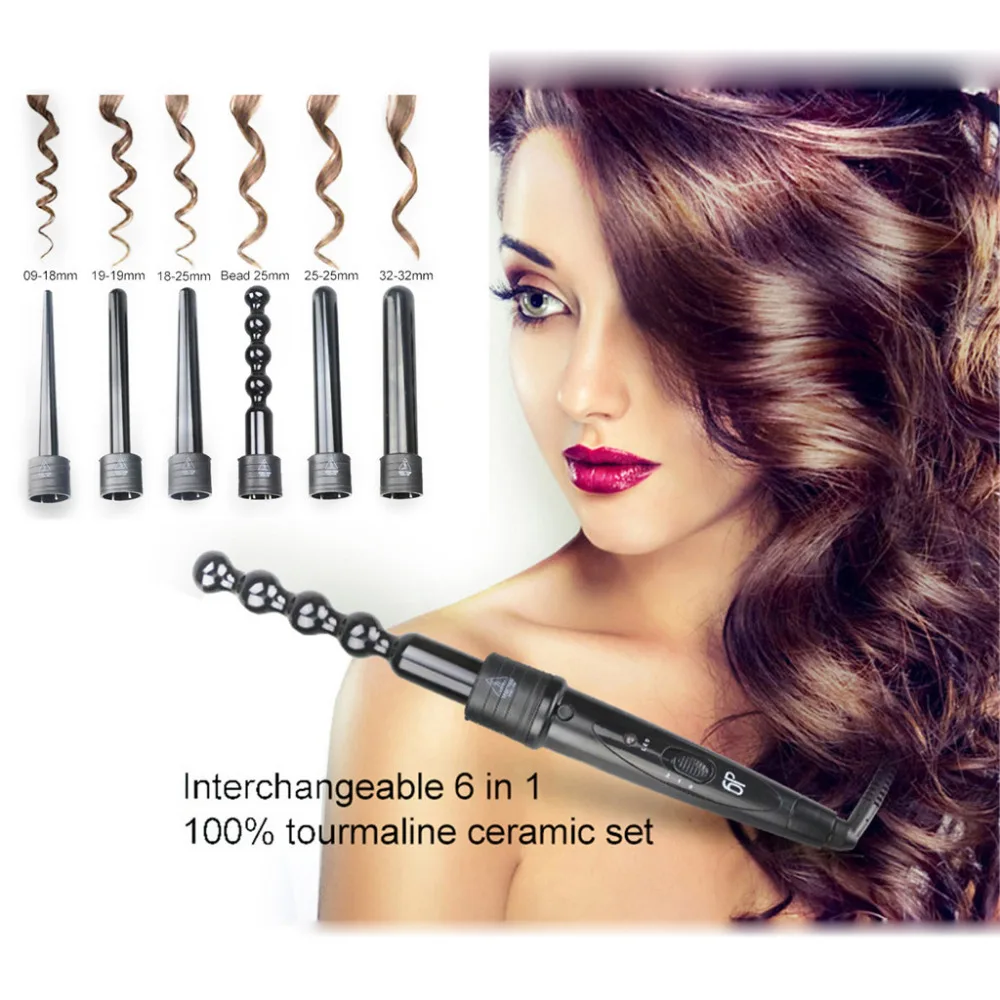 

2019 Women's Fashion New 6 in 1 Curling Iron Wand Hair Curler Set Interchangeable Barrel Tourmaline Hair Accessories Beauty