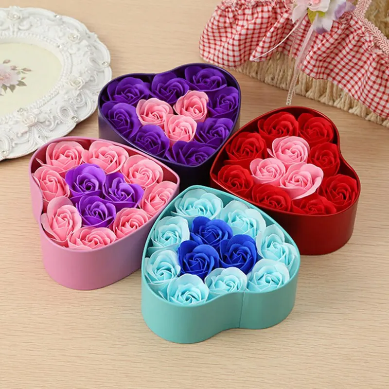 

Valentine's Day Artificial Soap Flowers Rose Heart Shaped Tin Box Sky Blue Flower Girlfriend's Gift Festive Party Decor