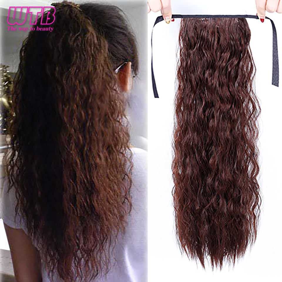 WTB Long Wavy Fake Hair Pieces Drawstring Ponytail Extensions for Women Synthetic High Temperature Fiber Hair Extensions