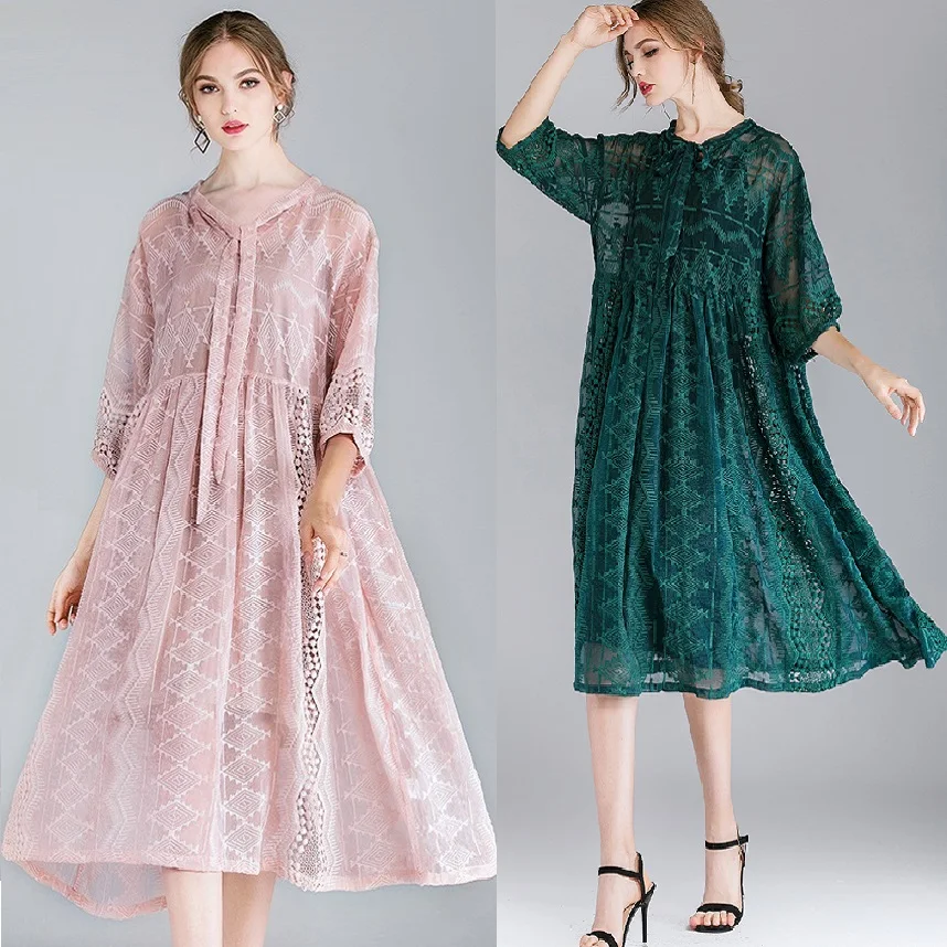 

2019 Spring Women Plus Size Loose Fit bow embroidery Dress Elegant Fake Silk chiffon Dress twin set chiffon dress vestidos XXXXL