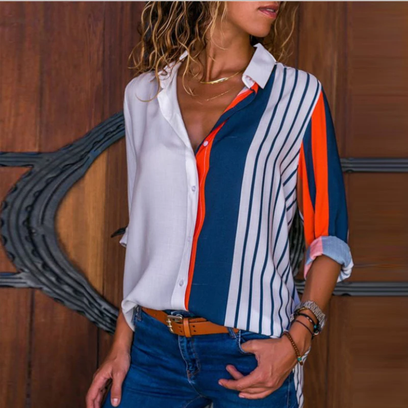 Blusas de talla grande mujer, camisa de manga larga vuelto, Blusa de gasa informal para mujer, Tops y blusas a rayas Shein|Blusas y camisas| -