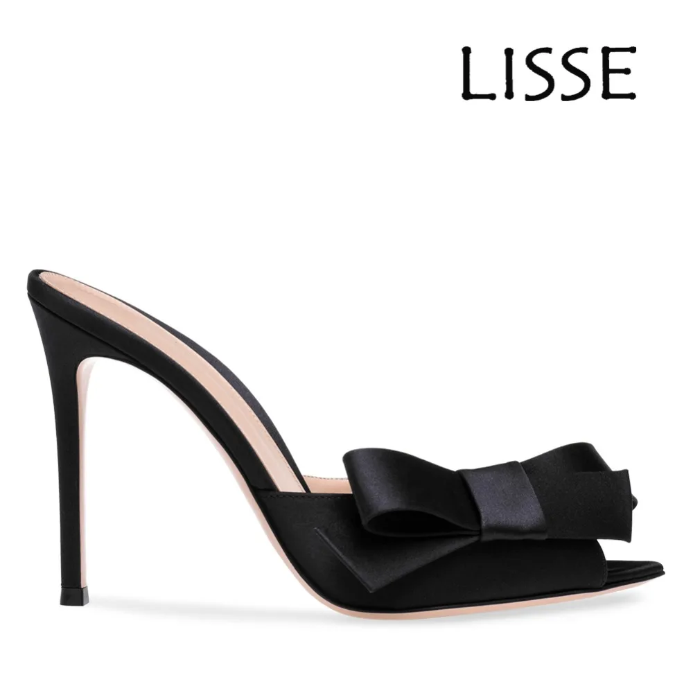 

New Arrival Fashion Women Peep Toe High Heel Stiletto Mules with Side Bow Summer Elegant Sandals Black Satin Slip On