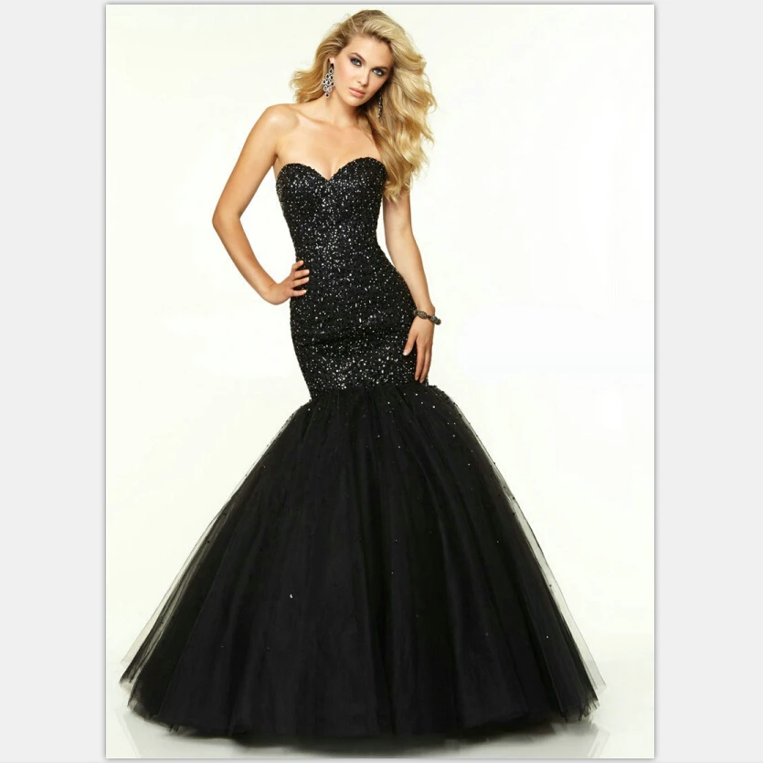 

Black Prom Dresses 2016 Mermaid Sweetheart Long Dress with Crystals Corset Back Blush Tulle Sparkly Black Dress