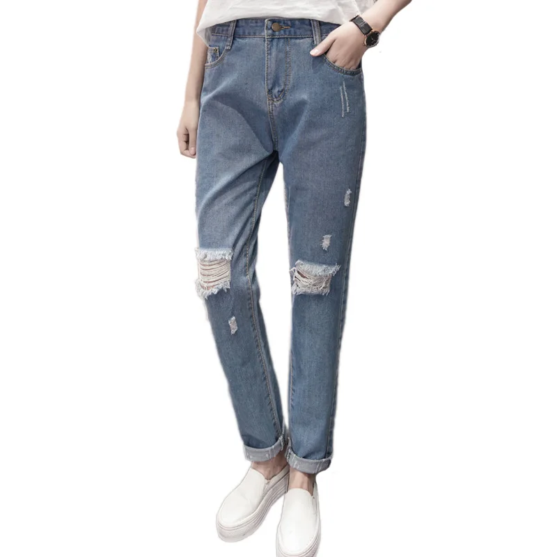 

2017 Hot sale Women's ripped jeans Fashion jeans for woman Loose hole denim pants Spliced trousers