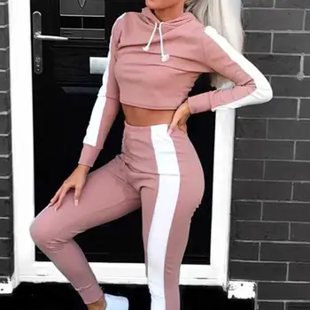 

Women fashion Color Splicing Casual Sport Long Sleeve Hooded Short Top Pants Outfit Set