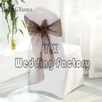 

Wholesale Price 50PCS White Spandex Chair Cover+50pcs brown Organza Chair Sashes For Event Wedding Decoration