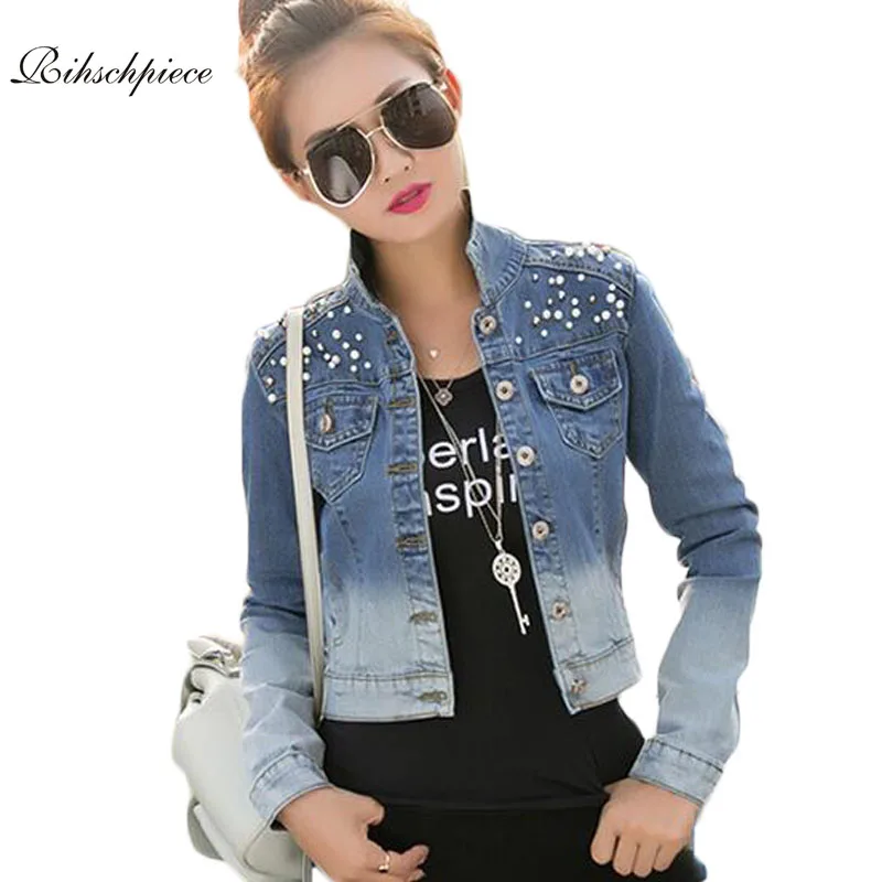 Rihschpiece Spring Denim Jacket Women Short Jeans Jacket Women Basic Coats Pearls Harajuku Slim Coat RZF143
