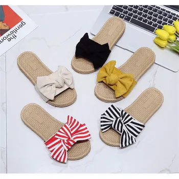 

FAYUEKEY Bow Slippers Women Summer Butterfly Stripe Sandals Slipper Indoor Outdoor Low flat Beach Shoes Female Fashion