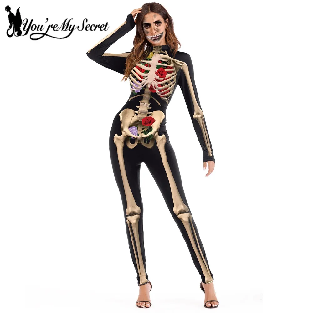 [You're My Secret] Gothic 3D Devil Ghost Skull Skeleton Rose Print Bodysuits Partywear Halloween Cosplay Customs For Women