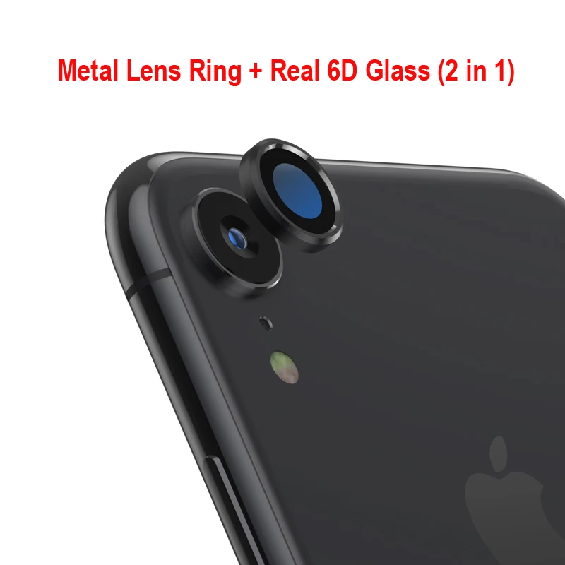 Задняя крышка для объектива камеры, Защита экрана для iPhone XR 6D, пленка из закаленного стекла+ Металлическая задняя крышка для объектива, защитное кольцо, чехол, аксессуары - Цвет: Black with 6D Glass