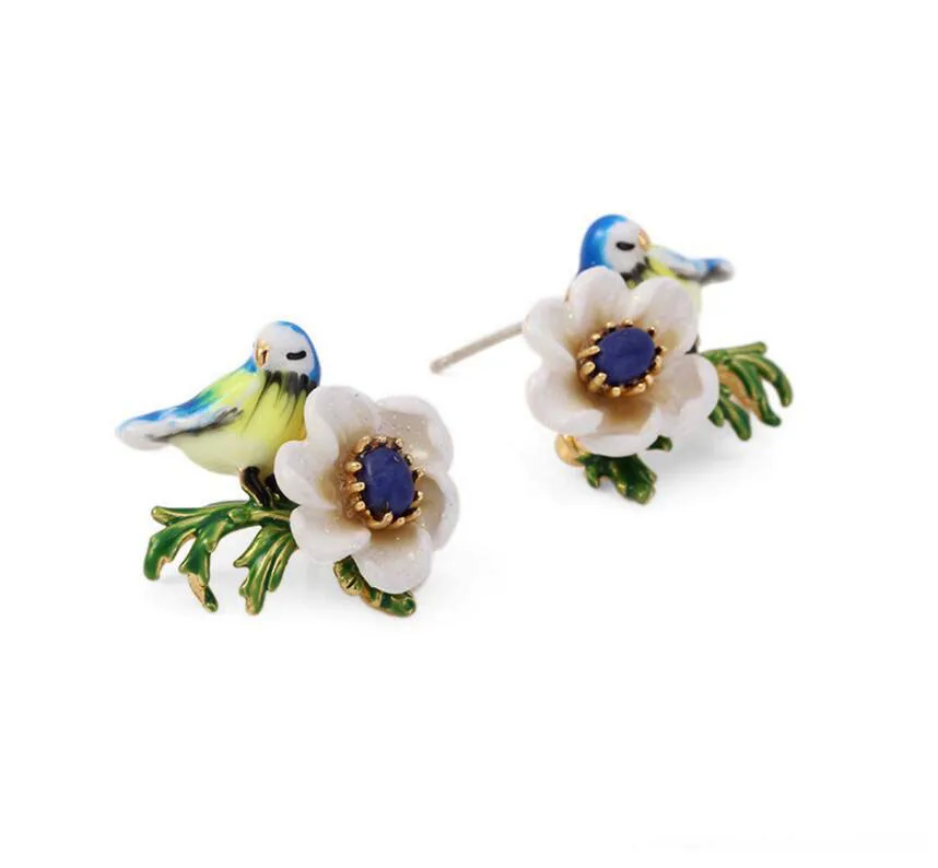 CSxjd Новое поступление эмалированная глазурь Милая синяя птица белый цветок натуральный камень Жемчужное ожерелье серьги кольцо и браслет - Окраска металла: earring A