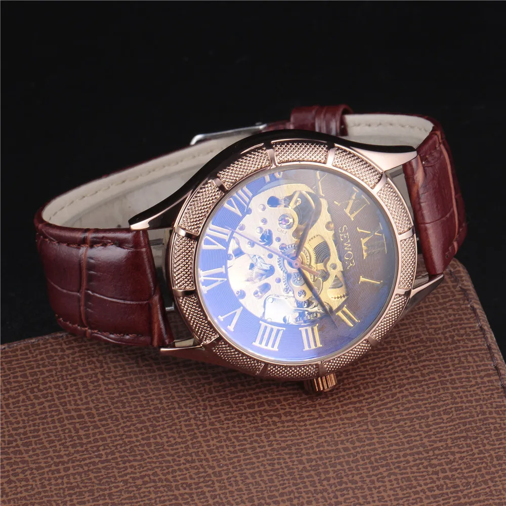 Роскошные часы со скелетом для мужчин SEWOR классический ретро Римский циферблат кожа Relogio Masculino винтажное платье автоматические механические часы