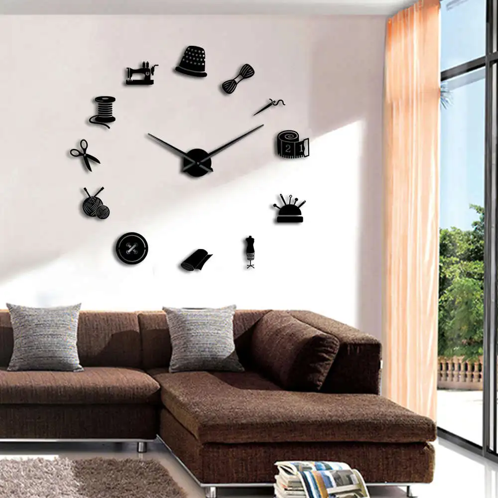 

Tailor Shop Decorative DIY Large Wall Clock For Living Room Vintage Sewing Machine Tools Mirror Giant Clock Wall Sticker