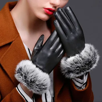 

Hot Women Outdoor Gloves PU Leather Plush Windproof Full Finger Touches Screen Mittens Autumn Winter Lady Causal Warm Glove SMA6