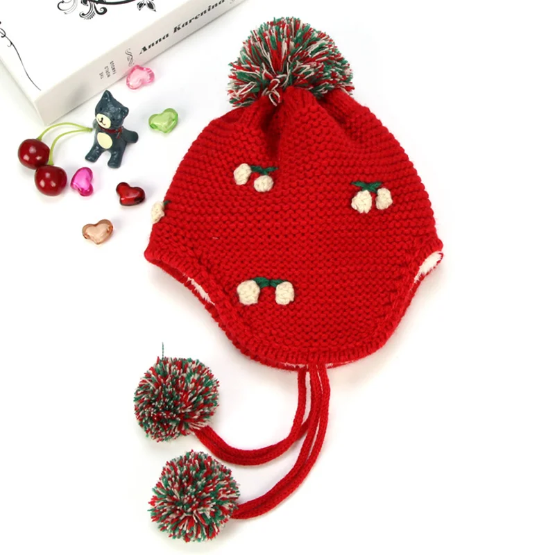 Cheery Knit Baby Hat Warm Velvet Winter Hat For Girls Ear Protect Lace Up Baby Beanie Pompom Cute Toddler Hat Baby Girl Clothing (12)