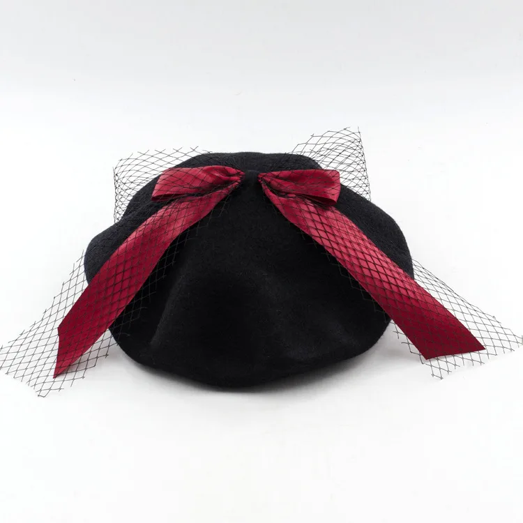 Зимняя шерстяная шапка-берет живописца, модная шапка с большим крестиком и бантом в сеточку, милые береты, мягкая винтажная женская шапка цвета макарон - Цвет: Red