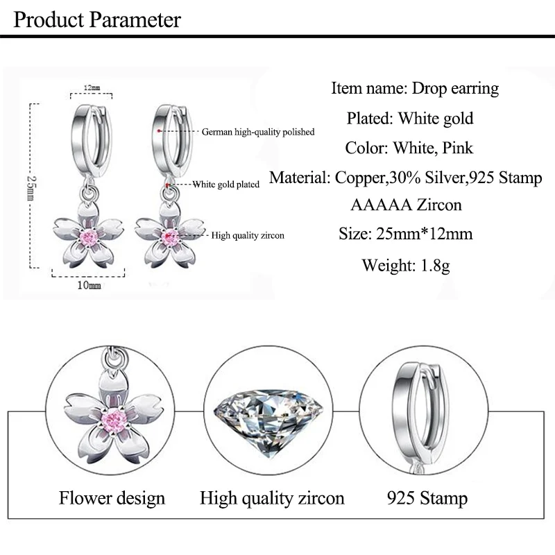 JYouHF романтические милые серьги-капли с белым розовым чешским камнем в виде цветка для женщин и девочек, кубический цирконий, 30% Серебряные вечерние серьги, ювелирное изделие