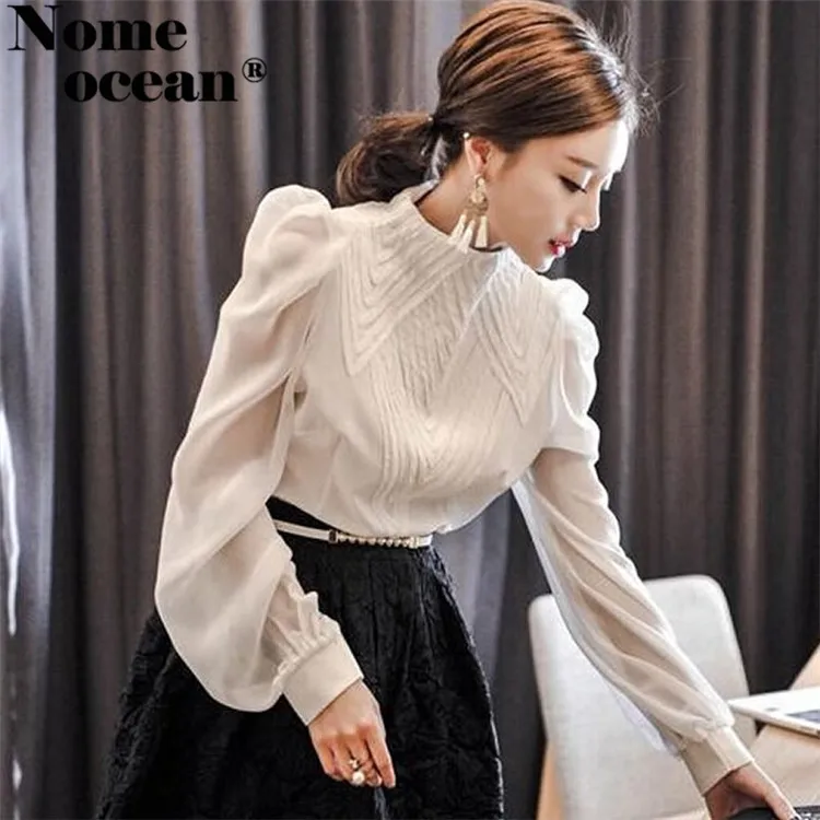 

Vintage Embroidered Front Chiffon Blouses Puff Sleeve Stand Collar Women's Long Sleeve Shirts Blouse OL Shirt White M18010501