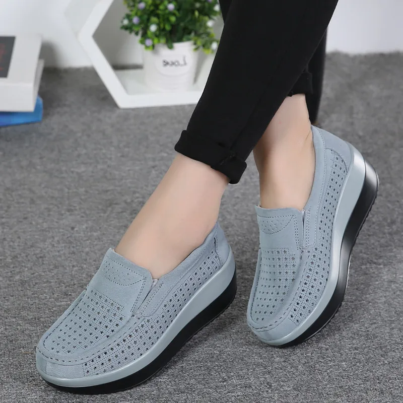 

2019 Autumn Women Flat Platform Loafers Shoes Ladies Suede Leather Hollow Casual Shoes Slip Flats Moccasins creepers Yasilaiya