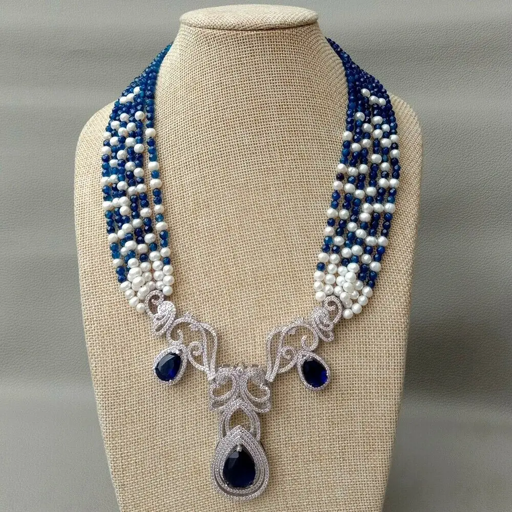 

20" 6 Strands White Pearl Blue Green Red Stone Necklace CZ Pendant
