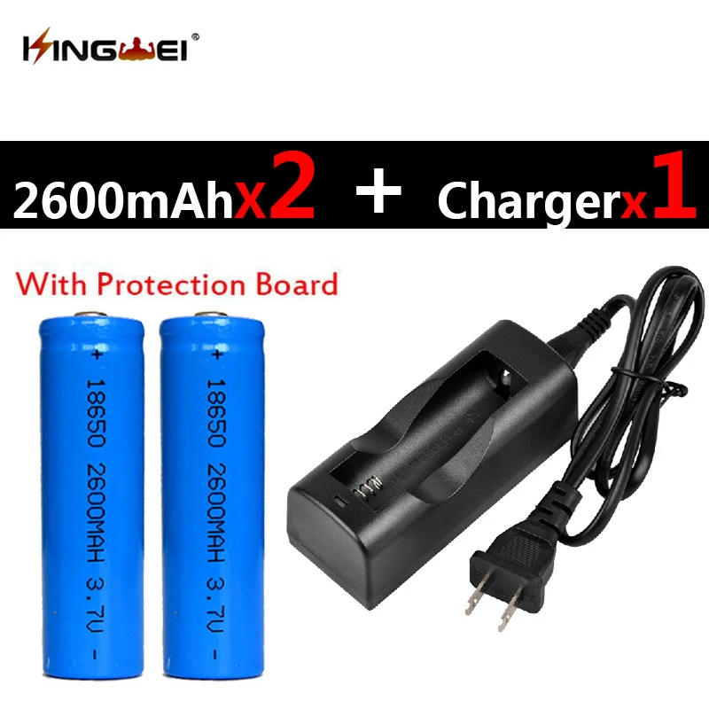 

KingWei 2Pcs Protected 18650 Batteries 3.7v 2600mah Rechargeable Li-ion Battery+1pc NK-803C Charger for Headlight US/EU Plug