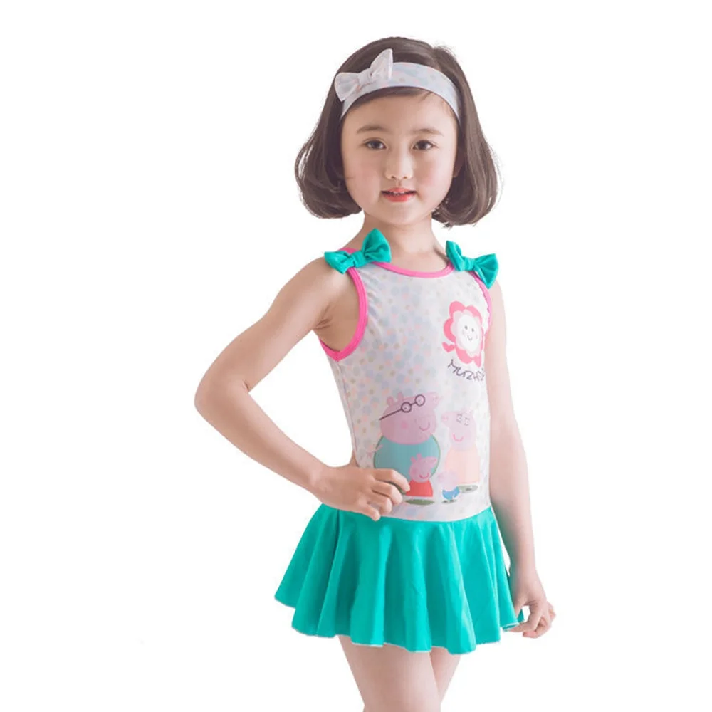 1 2T Girl's One Piece Sleeveless Cartoon Swimwear With Headband Girl's