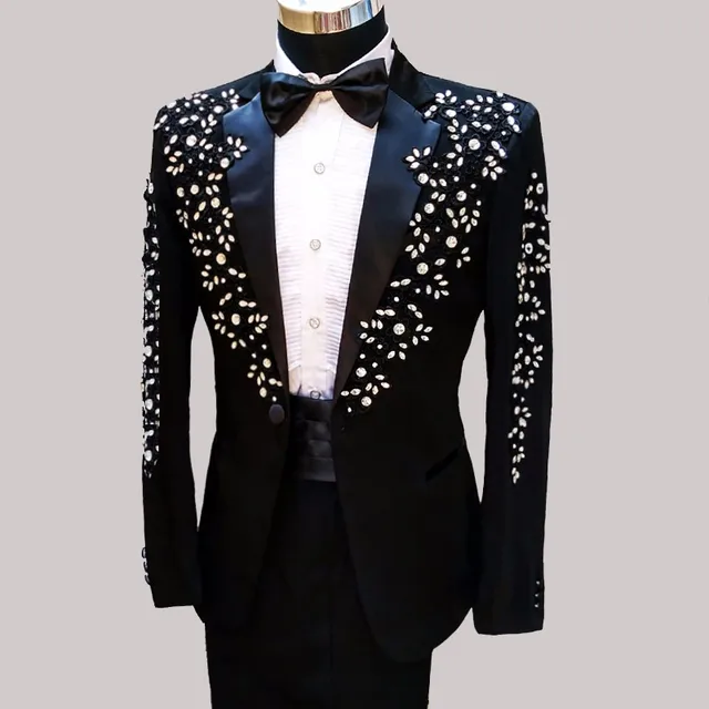 Stage Mens Suits With Pants Black Applique Suit Men For Dinner Party