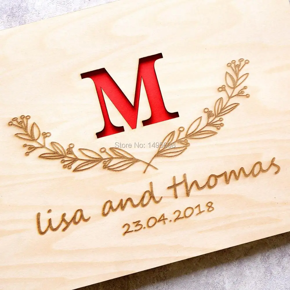 wood wedding guest book, horizontal landscape guestbook wedding album sign in book hardcover guestbook pl