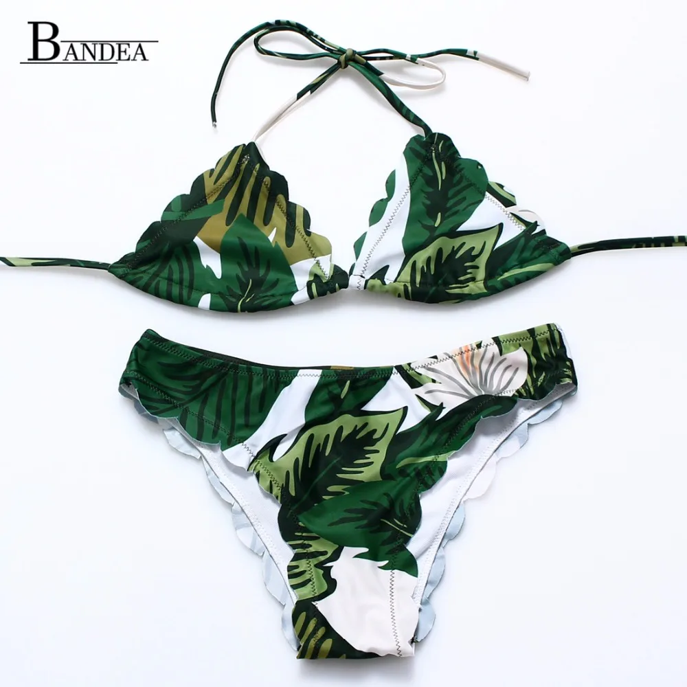 Green Leaf Print Push Up Padded Swimwear Neck Halter For Girls Women Summer Sexy Bathing Suit