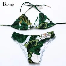 Green Leaf Print Push Up Padded Swimwear Neck Halter For Girls Women Summer Sexy Bathing Suit