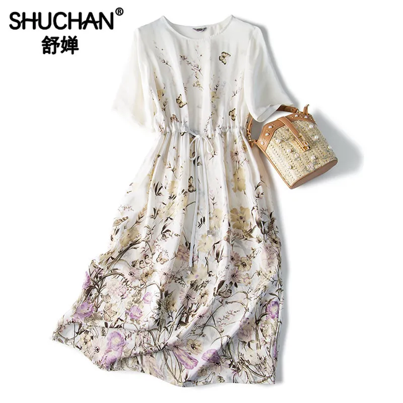 

Shuchan Butterfly Print Dress Fashion 2019 Summer Prairie Chic A-Line Animal Mid-Calf O-Neck Elegant Dresses for Women A3109