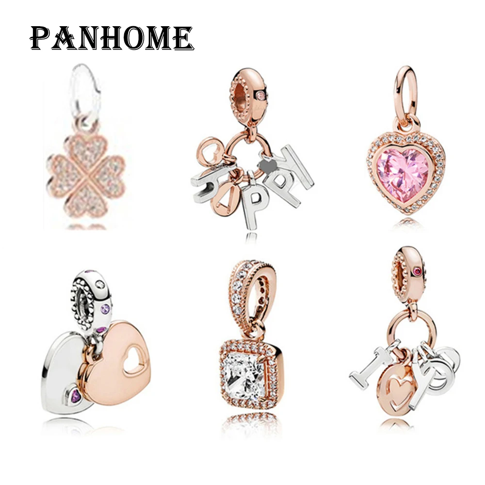

PANHOME 100% 925 Sterling Silver 1:1 Genuine Rose Gold Clover Pink Love Charm Geometric Square I Love You Pendant Women Original