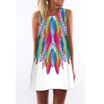 

2018 Sexy Feather Print A-Line Summer Dress Women O Neck Sleeveless Casual Loose Beach Sundress Above Knee Mini Boho Dresses