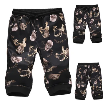 

Men's Pants Summer Casual Black crossbones printing Pants Elastic Beach Surfing Running Pants Calf-Length Pants Plus Size L415A