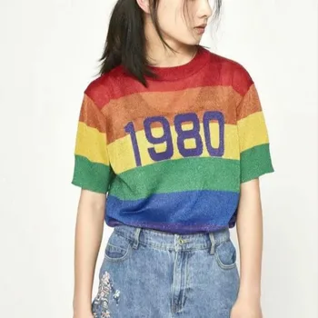 

Runway 2019 Summer Women's Knitted Tops Short Sleeves Thin Rainbow Striped 1980 Printed Sweaters Female Jumper Sweater Pullover