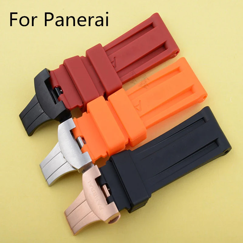 

24MM Black Blue Orange Red Waterproof Silicone Rubber Watchband Strap For PAM Panerai With Butterfly Buckle Clasp Original Logo