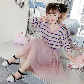 

Children's Sets Baby Girls Clothes 2019 Spring New Sweater+Skirt Two Pieces Sets V-Neck Stripe Long Sleeve Tops Sweater Y238