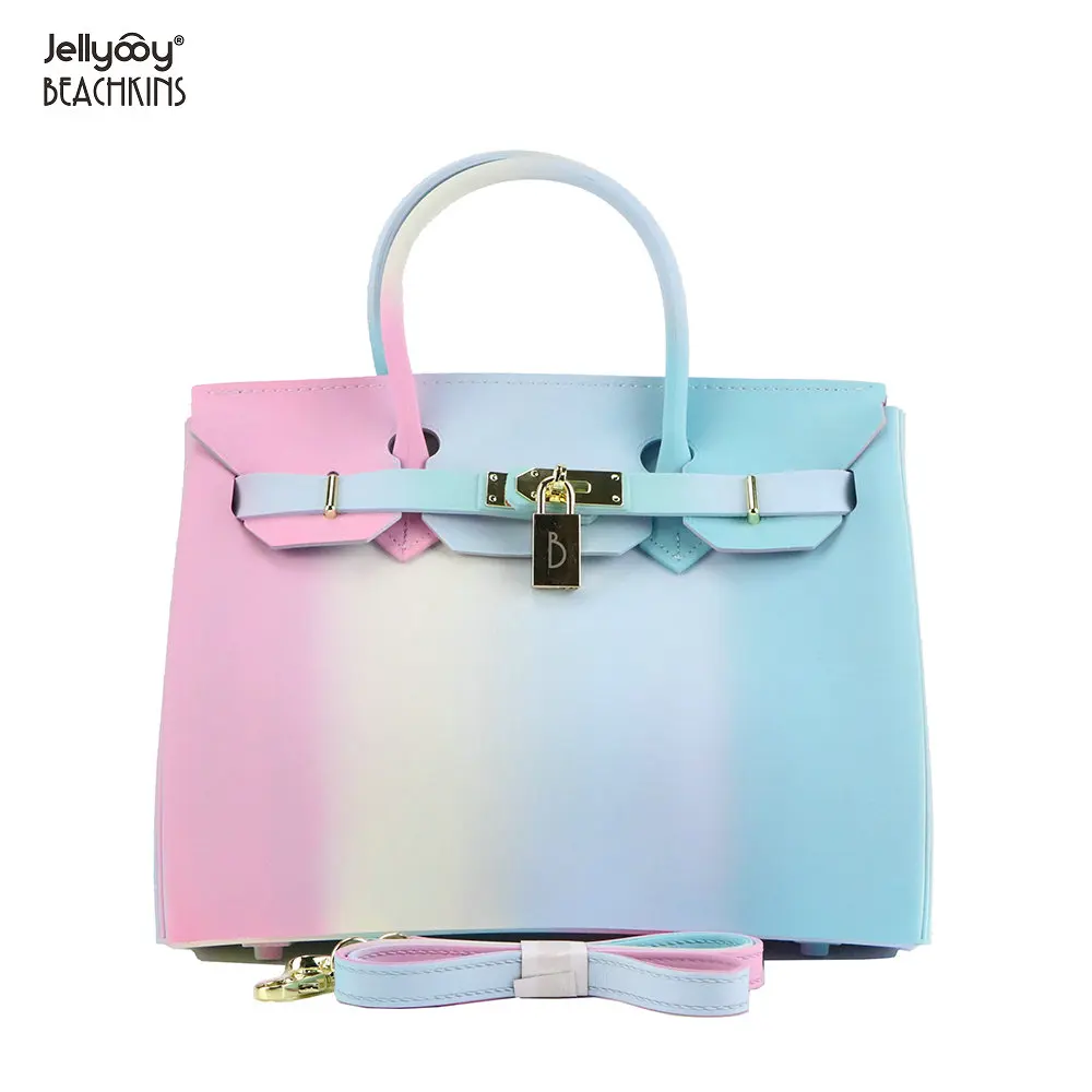 

Jellyooy Beachkins Women's Padlock Flap Cover Handbags Matte Rainbow Color Candy Bag PVC Jelly BEACHKINS Handbag 30CM