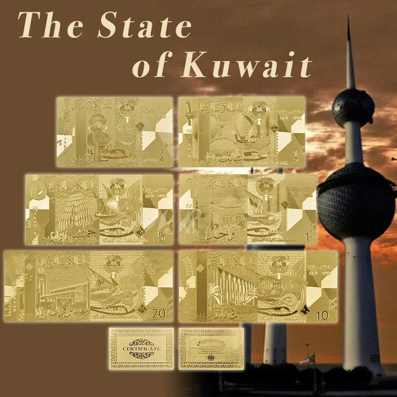 6 шт./лот Кувейт нормальная Золотая банкнота набор 1/4, 1/2, 1,5, 10,20 позолоченная банкнота для сувенира