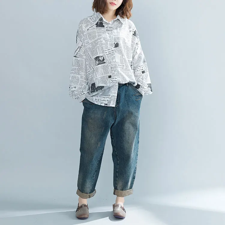 Женская Корейская блузка с рукавом летучая мышь, рубашка с газетным принтом, Необычные блузки размера плюс, повседневные свободные женские топы, рубашки 4XL 5XL