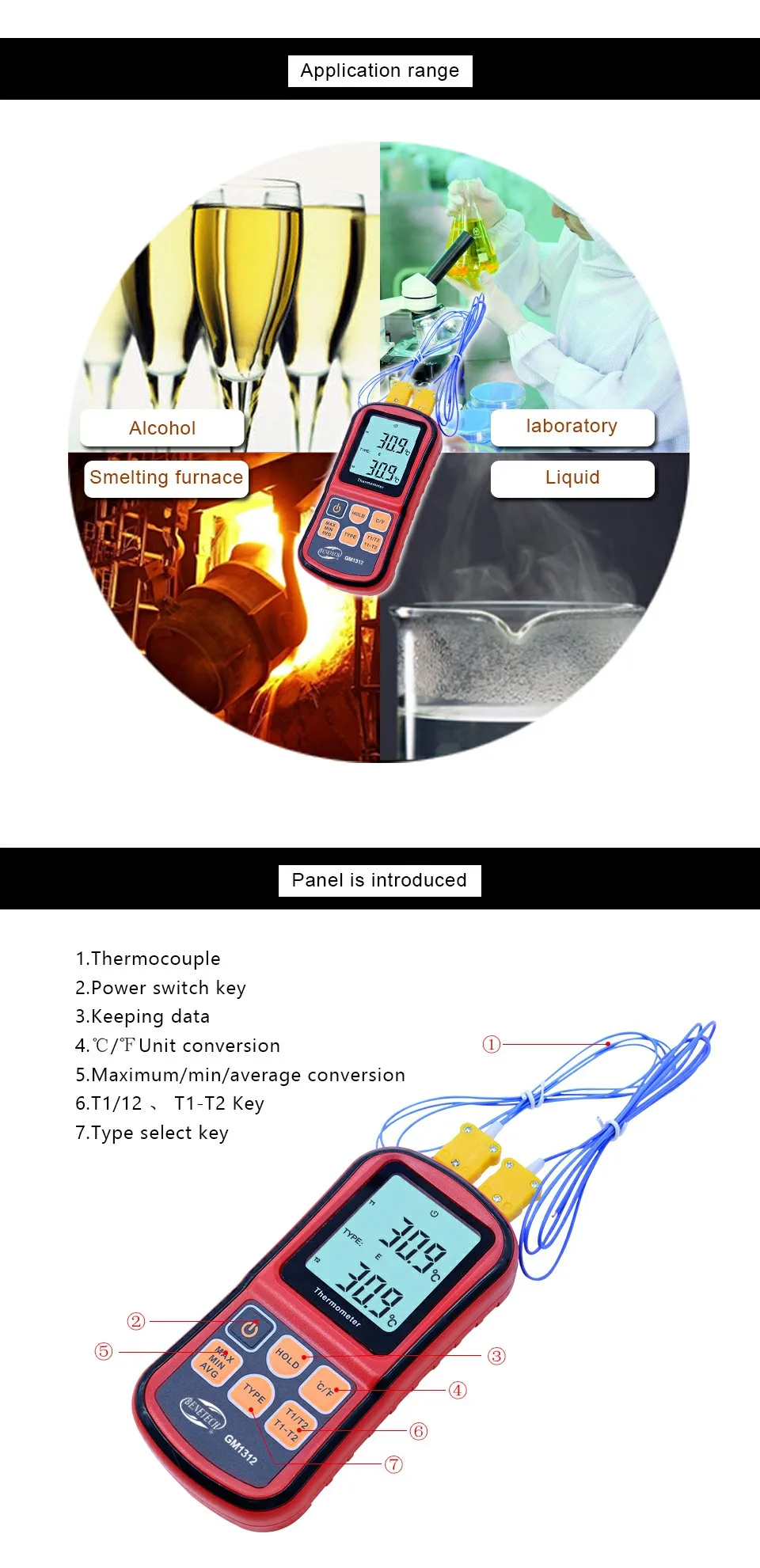 BENETECH GM1312-50~ 300C термопара термометр двухканальный цифровой измеритель температуры для K/J/T/E/R/S/N lcd Termometro