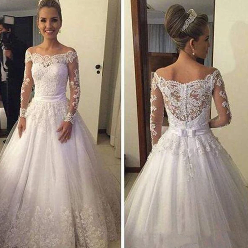 

2021 Off Shoulder Long Sleeves Wedding Dresses Tulle with Lace Appliqued A-line Formal Bridal Gowns Custom Made