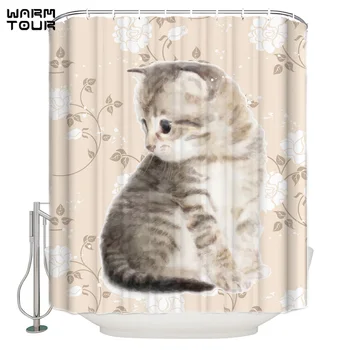 

WARMTOUR Shower Curtain Cute Kitty Kitten Floral Waterproof Shower Curtain Bathroom Decor